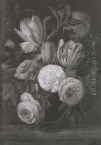 Still Life Of Roses And Other Flowers In A Vase by Jan Van Huysum
