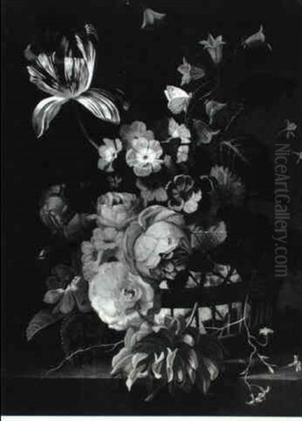 Roses And Other Flowers In A Basket On A Ledge - view 1