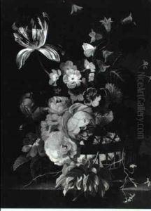 Roses And Other Flowers In A Basket On A Ledge by Jan Van Huysum