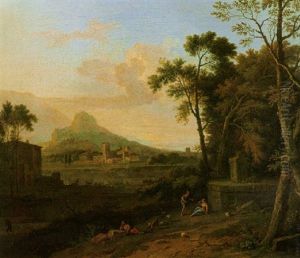 An Italianate Landscape With Shepherds...& Peasants By A Waterfall In A Wooded Landscape by Jan Van Huysum