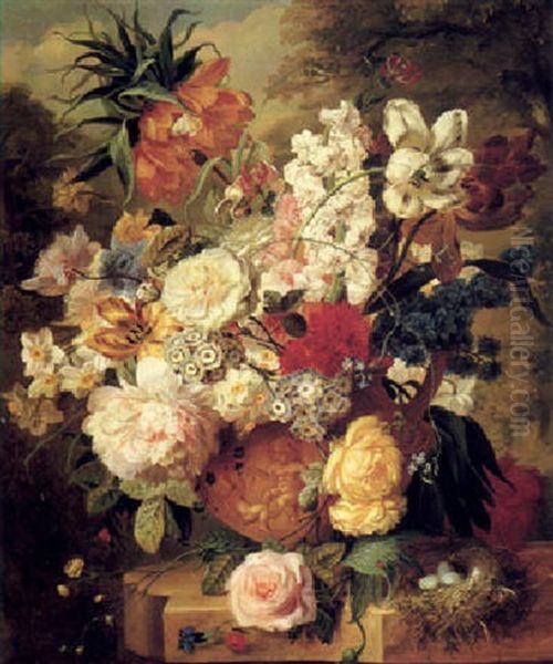 Still Life Of Summer Flowers In An Urn With A Birds Nest On A Stone Ledge - view 1