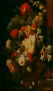 Ein Grosser, Dekorativer Blumenstrauss Mit Einem Vogelnest by Jan Van Huysum
