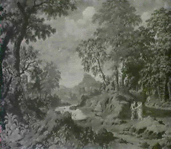 Women Greeting Each Other On A Woodland Path Beside A River In A Roman Landscape - view 1