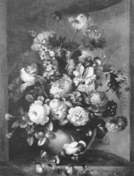 Mixed Flowers In A Pot In A Niche - view 1