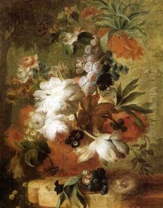 A Vase Of Flowers, Including Roses, Primroses, Tulips And Apple Blossom, On A Pedestal With A Bird's Nest by Jan Van Huysum