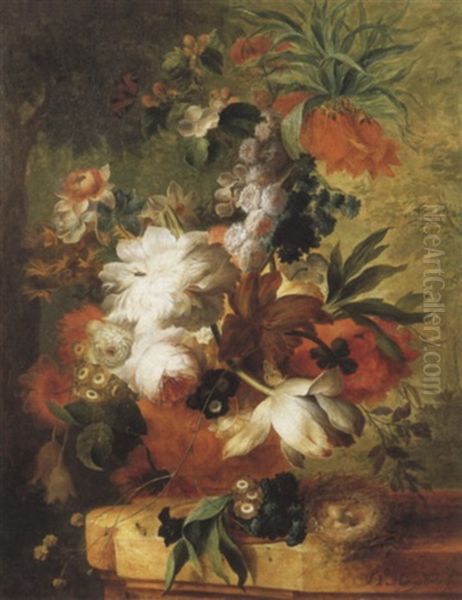 A Vase Of Flowers Including Roses Primoses Tulips And Apple Blossom On A Pedestal With A Birds Nest Containing Brown - view 1
