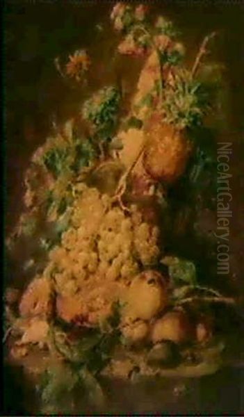 Nature Morte De Fleurs Et De Fruits Sur Un                  Entablement - view 1