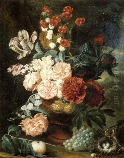 Still Life Of Flowers In A Vaswith Fruit And Da Bird's Nest - view 1