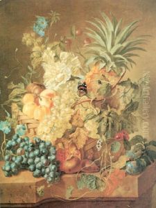Plums, A Peach, Grapes, A Melon, A Pineapple, A Fig,        Currants, Cherries And Flowers In A Basket, And Grapes by Jan Van Huysum