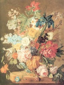 Roses, Peonies, Tulips, Morning Glory, And Iris, Columbine A Poppy, Jonquils And Other Flowers In A Carved Urn by Jan Van Huysum