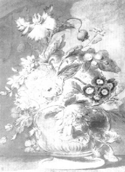 A Vase On A Ledge With Peoniesauricula And Morning Glory - view 1