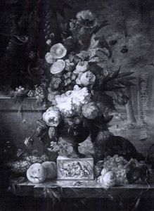 Bouquet De Fleurs Dans Un Paysage by Jan Van Huysum