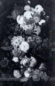 Field Flowers In A Vase And Fruit On A Table by Jan Van Huysum