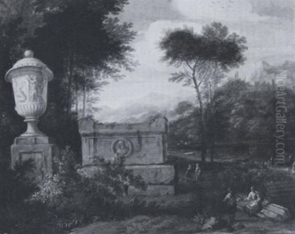 An Italianate Landscape With Figures By A Monumental Sarcophagus - view 1