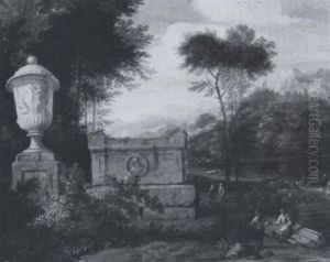 An Italianate Landscape With Figures By A Monumental Sarcophagus