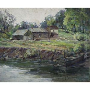 Farm Buildings By The River by Hallie Champlin (Hattie) Hyde