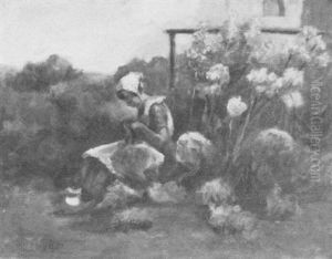 Portrait Of A Young European Girl Seated In A Garden by Helen Hyde
