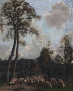 Berger Aux Moutons Pres D'une Ferme Et D'arbres Hauts by Arend Hyner