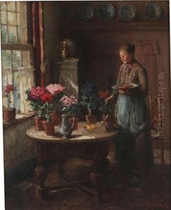 Interieur Anime D'une Jeune Femme Rangeant Des Fleurs by Arend Hyner