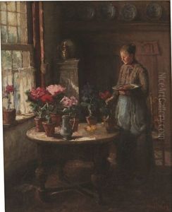 Interieur Anime D'une Jeunne Femme Rangeant Des Fleurs by Arend Hyner