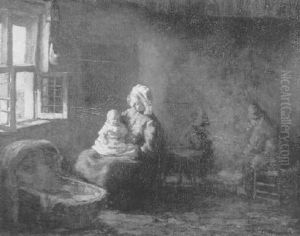 Interior Genre Scene With Mother And Child by Arend Hyner