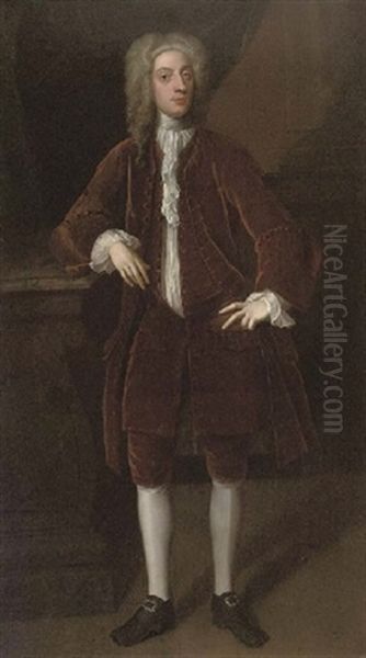 Portrait Of A Gentleman In A Brown Velvet Suit, His Right Arm Resting On A Plinth, A Column Beyond - view 1