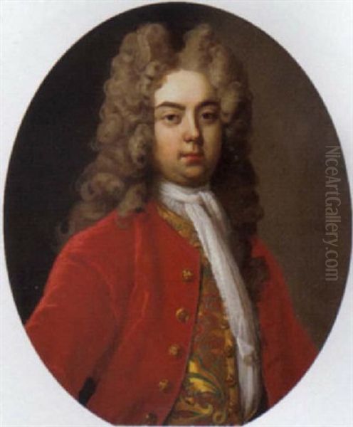 Portrait Of A Gentleman In A Red Coat With A Gold Patterned Waistcoat - view 1