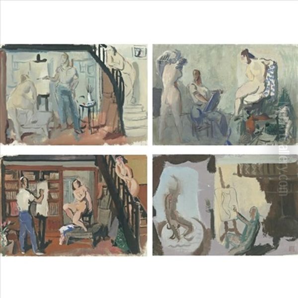 Studies Of The Artist And His Model (4 Works, One 1914, Sgd.) - view 1