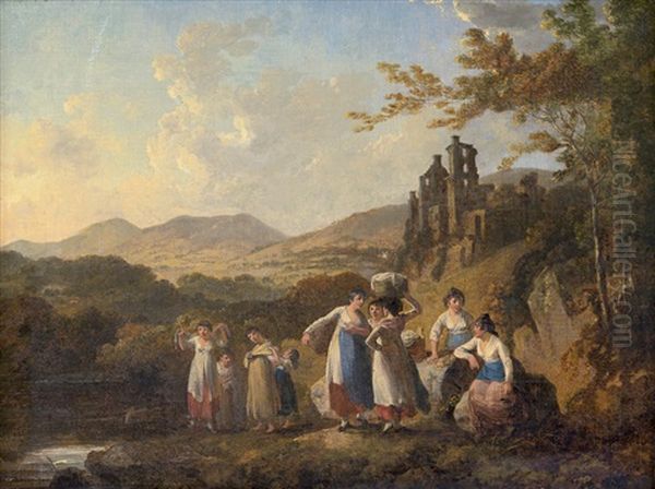 Die Ruinen Von Roslin Castle, Schottland Mit Wascherinnen Am Fluss North Esk - view 1