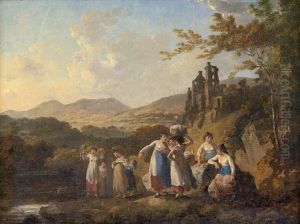 Die Ruinen Von Roslin Castle, Schottland Mit Wascherinnen Am Fluss North Esk by Julius Caesar Ibbetson