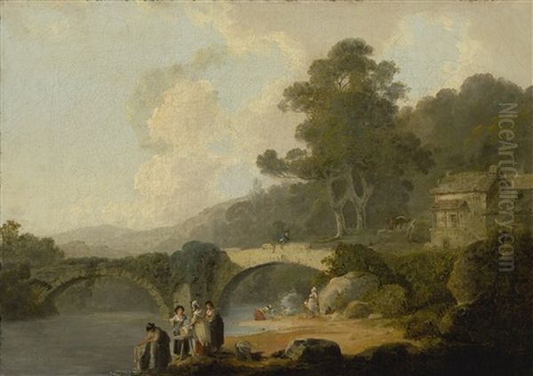Landscape With Washerwomen In The Foreground, An Arched Bridge Beyond - view 1