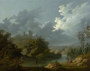 Flusslandschaft Mit Landvolk Bei Aufziehendem Gewitter by Julius Caesar Ibbetson