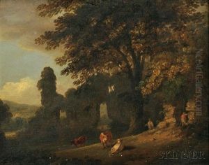 Cows And Farmers Amidst Ruins by Julius Caesar Ibbetson