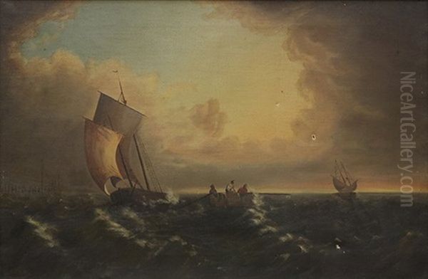 Figures In Row Boat With Ships In Rough Seas - view 1