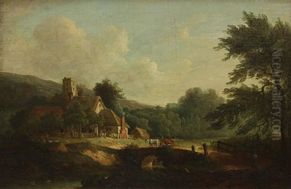 Bucolic Farm Scene With Cattle And Bridge - view 1