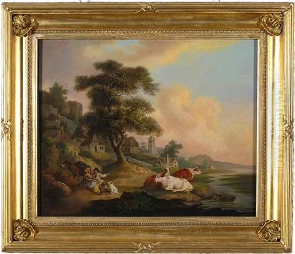 Figures, Cattle And Donkeys In Pastoral Scenes (pair) - view 1