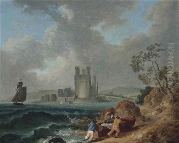 Fishermen Pulling In Their Boat, Carnarvon Castle Beyond - view 1