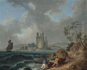 Fishermen Pulling In Their Boat, Carnarvon Castle Beyond Fishermen Pulling In Their Boat, Carnarvon Castle Beyond