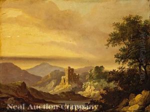 Two Highland Travelers Contemplating The Ruins Of Castle Campbell, Over The Burn At Dollar Glen by Julius Caesar Ibbetson