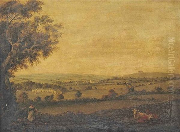 An Extensive Landscape With Cattle, A Girl And A Dog In The Foreground, A Farmstead With A Village And Church Beyond - view 1