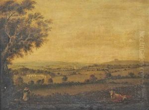 An Extensive Landscape With Cattle, A Girl And A Dog In The Foreground, A Farmstead With A Village And Church Beyond