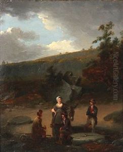 Rocky Landscape With Travellers Resting At A River Rocky Landscape With Travellers Resting At A River