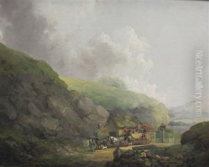 A Carriage And Figures Outside An Inn On A Country Road by Julius Caesar Ibbetson