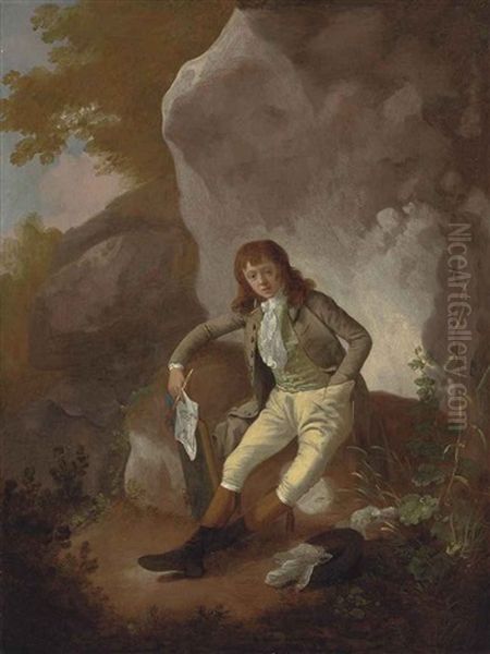 Portrait Of A Boy, Full-length, In A Frock Coat, A Green Striped Waistcoat And A Neckcloth, Beige Breeches And Stockings, Holding A Drawing And A Sketchbook, Resting In A Rocky Landscape - view 1