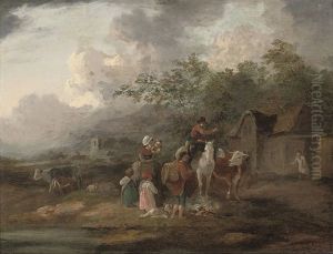 A Wooded Landscape With A Family At Rest On A Track By A Cottage by Julius Caesar Ibbetson