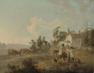 A Landscape With Travellers In A Horse-drawn Carriage by Julius Caesar Ibbetson