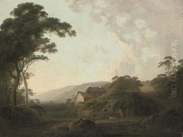An Extensive Wooded Landscape Near Masham, Yorkshire, With Travellers On A Track, By A Mill - view 1