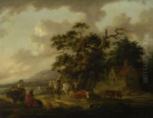 Rastende Bauern Mit Vieh Bei Einem Bauernhaus Am Waldesrand