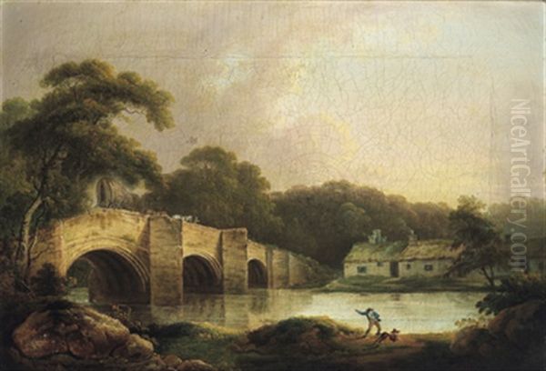Flusslandschaft Mit Einer Steinernen Bogenbrucke Und Einem Fuhrwerk, Im Vordergrund Ein Mann Mit Seinem Hund - view 1