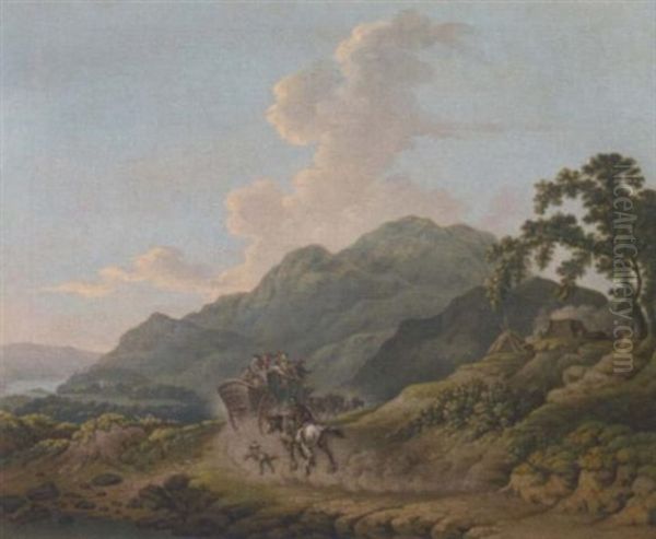 A Coach Passing Charcoal Burners In A Lake Landscape - view 1